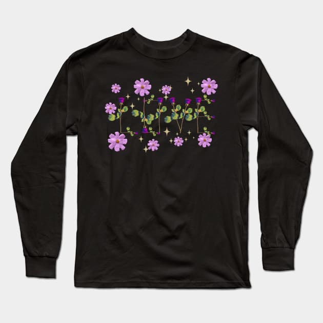 Love pink  roses on stems with gems and purple flowers black bg Long Sleeve T-Shirt by VantaTheArtist